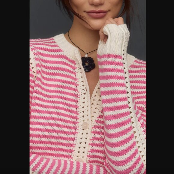 Michael Stars Adaline Pink & White Striped Cardigan Sweater S - Picture 2 of 8
